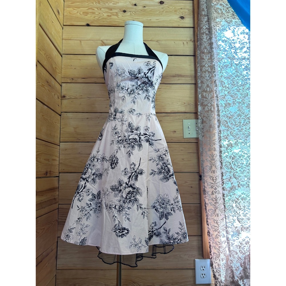 Vintage Floral Halter Dress Size 6 Pink Black Rockabilly Y2K Jessica Pinup Trad - Picture 5 of 13